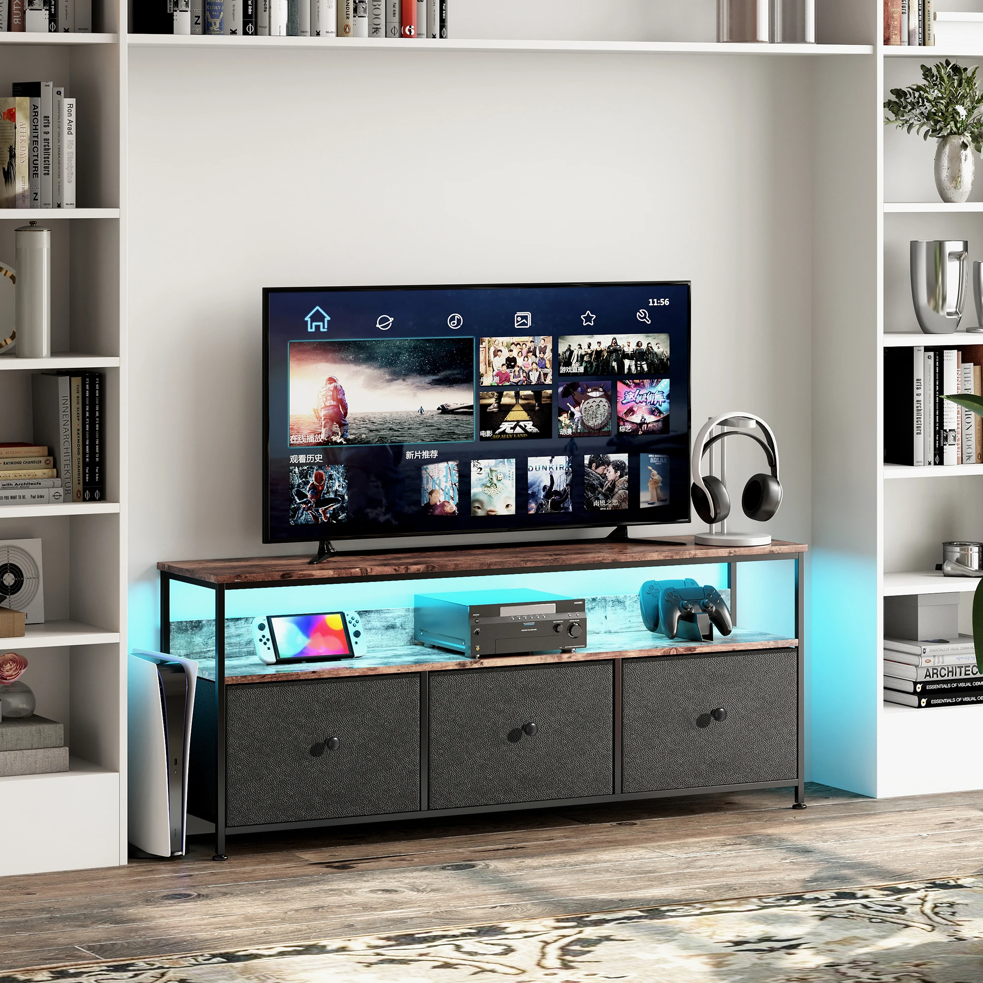 Anajqaqia Meuble TV, meuble de rangement avec éclairage LED et 3 tiroirs en tissu pour chambre, salon et bureau