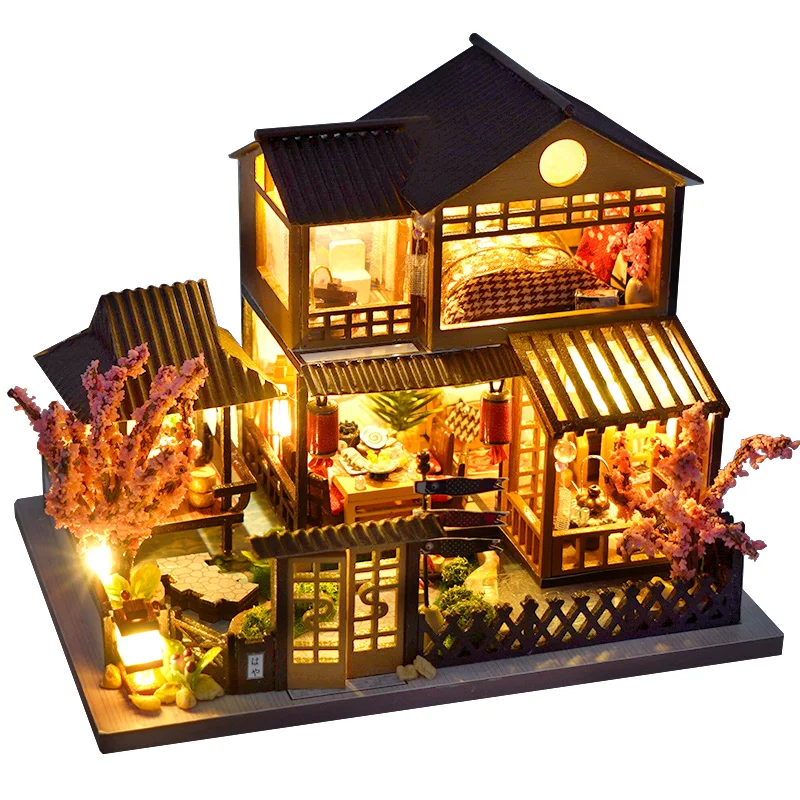 Mini casa delle bambole in legno fai-da-te con kit di luci per mobili Casa delle bambole Casa Accessori in miniatura Giocattoli in legno fatti a mano Regali di compleanno