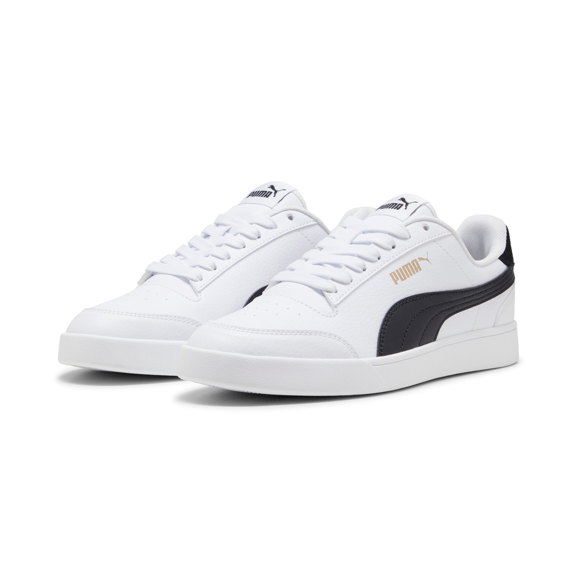 Sneaker PUMA "SHUFFLE", Damen, Gr. 42,5, puma weiß, puma schwarz, puma team gold, Synthetik, kontrastfarbene Details, mehrfarbig, Schuhe Sneaker