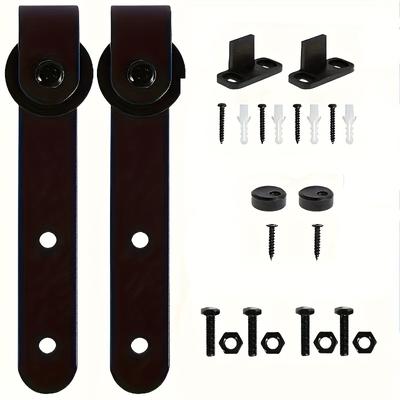 TEMU 2pcs Polished Black Metal Sliding Barn Door Hardware Kit - Quiet Installation, Space Saving Design With Carbon Steel Tracks Image