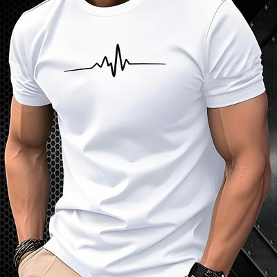 TEMU Men's 3d Printed Short Sleeve T-shirt - Heartbeat Graphic Design, Crew Neck, Lightweight Polyester, Machine Washable, Fit For Adults Image