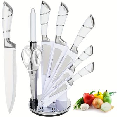 TEMU Knife Block Set, Kitchen Knife Set With Stand, 9pcs Steel Knife Set With Chef Knife, Bread Knife, Carving Knife, Scissors And Knife Sharpener For Cooking Meat Cutting Image