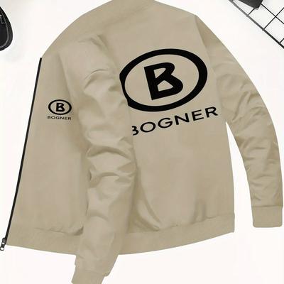 TEMU Men's Trendy Fall/winter Jacket With Bogen Print - Casual Zip-up Stand Collar, Slim Fit, Polyester, Black With White Logo, Fall Jacket | Slim Fit Jacket | Jacke Image