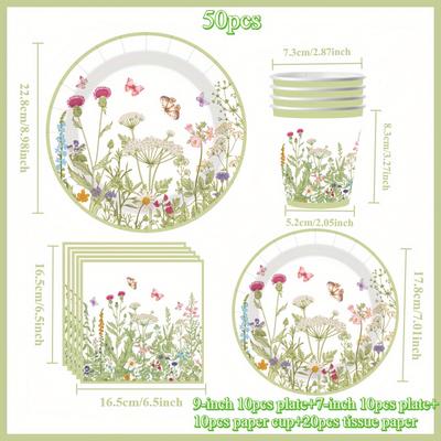 TEMU 50pcs Spring Series Day Birthday Disposable Paper Tableware Set Meal Plate Paper Cup Event And Party Scene Decoration Supplies Outdoor Picnic Tableware Image