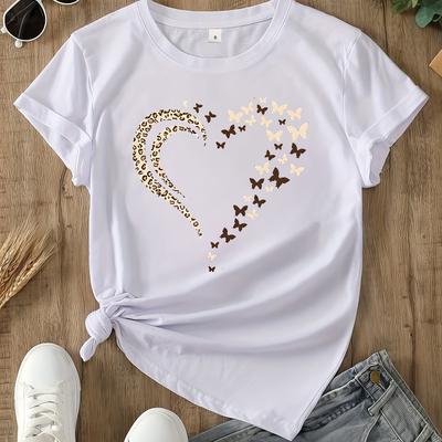 TEMU Women's Casual Polyester T-shirt With Heart Pattern, Crew Neck, Short Sleeve, Regular Fit, Knit Fabric - Spring/summer/fall Collection Image