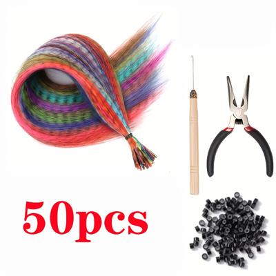 TEMU Up To 50pcs/set, 10pcs/set Of 16 Inch 12 Color Synthetic Feather Hair Extensions + Silicone Beads + Crochet Needle + Pliers Feather Hair Extension Tool Set Image
