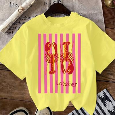 TEMU Women's Lobster Print T-shirt - With Pink Stripes, Short Sleeve Crew Neck, Lightweight Polyester, Summer Fashion Top, Lobster Print Shir Image