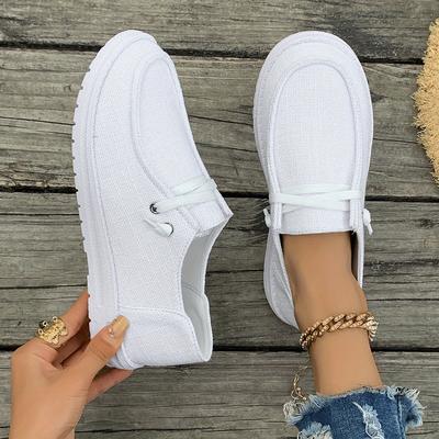 TEMU Women's Slip-on Casual Sneakers - White Fabric Upper With Tpu Sole, Comfortable Fabric Insole, Convenient For Skateboarding & Leisure Activities, Skate Shoe Image