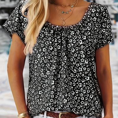TEMU Women's Floral Print Raglan Sleeve Blouse - Stylish Round Neck, Short Sleeve, Ruched Detail, Lightweight Polyester For Vacations, Spring Summer Top | Trendy | Glossy Texture Image