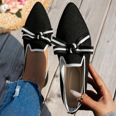 TEMU Women's Pointed Toe Flats With Sweet Bow Detail - Black & White Striped Ankle Strap Casual Shoes, Fabric Upper & Lining, Durable Rubber Sole For Wear, Ladies Dress Shoes Image