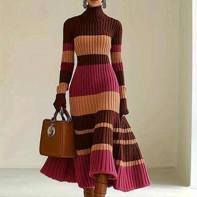 TEMU French High Collar Striped Contrast Stitched Dress For Women, Knee-length Slim Fit Flared Skirt Image