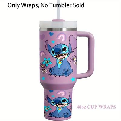 TEMU 1pc Stitch 40oz Uv Dtf Transfer Stickers For 16oz Glass - Waterproof, Self-adhesive, Vibrant & Durable Pvc Decals With , Hearts, Stars & Flowers - Fans Image