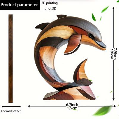TEMU Elegant Wooden Dolphin Figurine - 2d Printed, Intricate Details, Ideal For Decor, Perfect Gift For & Family, Handcrafted Wood Art Statue, Dolphin Decor Image