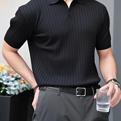 TEMU Men's Summer Classic Lapel Ribbed Knit Short Sleeve T-shirt Image