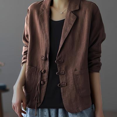 TEMU Elegant Plus Size Women's Lightweight Blazer - Spring/summer Collection, Chic Collar, Long Sleeve, Solid Color With Pockets, Non-stretch Fabric, Casual Or Office Wea Image
