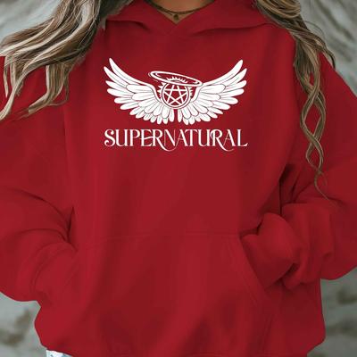 "TEMU [ Style] Plus Size "supernatural" Graphic Hoodie For Women - Cozy Polyester Casual Pullover With Pockets, Long Sleeves, And Winged Design - Fall/winter, Oversized Hoodie" Image