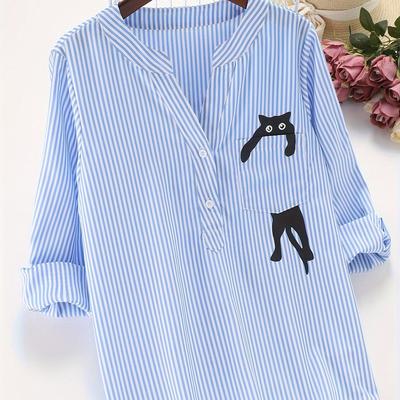 TEMU Women' Striped Casual Shirt With Black Cat Print - Elegant V-neck Button-up Blouse, Short Sleeve Spring/summer Top, Machine Washable, Summer Fashion, Nontransparent Fabric Image