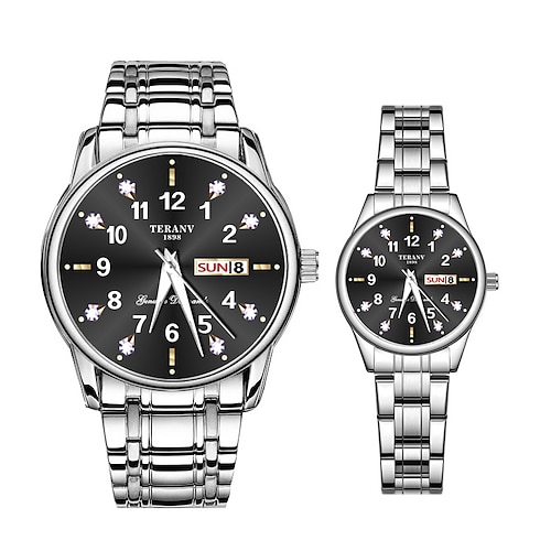 Coffret de montres à quartz pour couple 2 pièces – cadran numérique rond, étanchéité IPX7, aiguilles lumineuses, double calendrier (date et jour), bracelet en alliage, style professionnel unisexe, idéal pour les rendez-vous et les cadeaux
