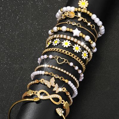 TEMU 13pcs Chic Bracelet Set - Elegant Vintage Design With Flowers, Stars, Butterflies & Hearts - Sparkling Rhinestones & Geometric Beads - , Parties, And Gifts Image