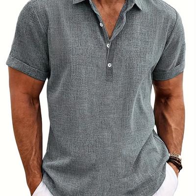TEMU Men's Casual Solid Color Short Sleeve Polyester Button Lapel Collar Regular Fit Summer Wear Image