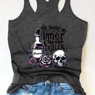 "TEMU Women's Gothic-inspired "you Killer" Graphic Tank Top - Sleeveless Racerback Casual Top With Skull, Roses & Potions Design, Pink" Image