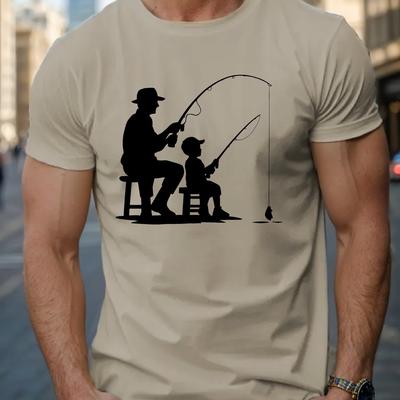 TEMU Men's Casual Crew Neck T-shirt With Geometric Fishing Graphic, 100% Polyester Knit Fabric, Stretch, Regular Fit, Summer Top - 150gsm Image