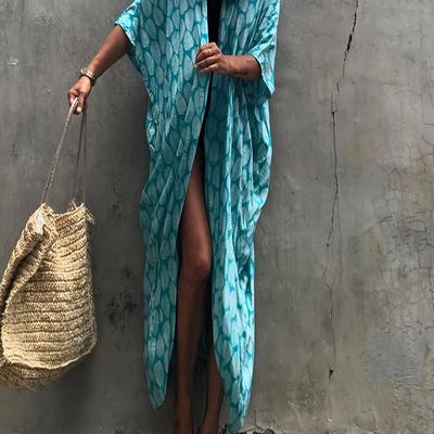 TEMU Bohemian Summer Beach Cover-up With Belt - Lightweight Viscose Plant Print Wrap For Women, Machine Washable, Poolside Or Seaside Vacations Image