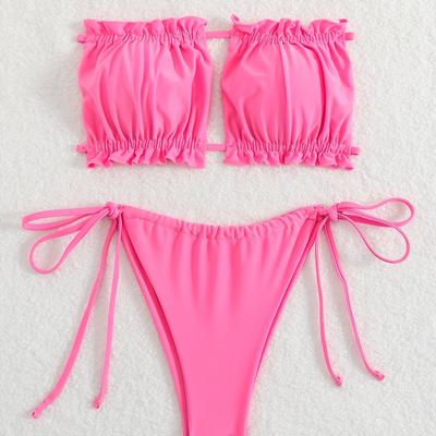TEMU Sexy Low Waist Bikini Sets, Women's Fashion Swimwear, Solid Color, Adjustable Lace Up, High Stretch Polyester Knit Fabric, 180g/m², 82% Polyester + 18% Spandex, Diy Image