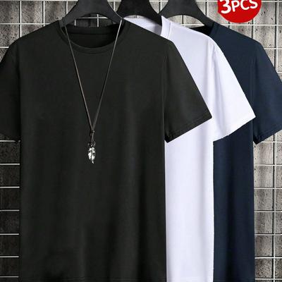 TEMU 3pcs Men's Short Sleeve T-shirts - Soft, Breathable, Solid Color Basic Tops For Casual - Black, White, Beige - Soft Fabric, Round Neck, No Padding - Spring & Image