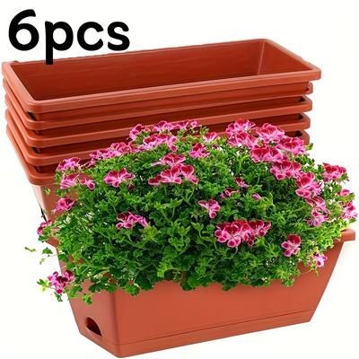 TEMU 6pcs Window Sill Flower Boxes, 17-inch Rectangular Planter With Drainage Holes And Tray For Windowsill Patio Garden Home Decor Porch Courtyard Plastic Planters In Red, Grey, Black Image