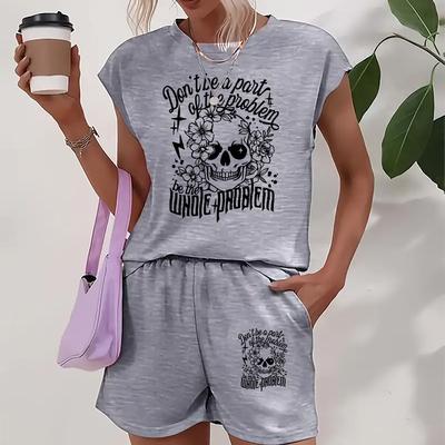 TEMU Women's Casual Spring/summer Sleeveless Knit Fabric T-shirt And Shorts Set With Geometric Pattern And Skull Design Image