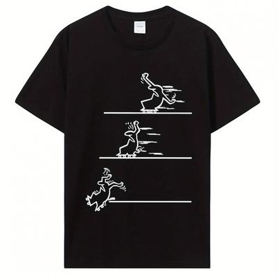 TEMU Men's Skateboard La Linea Graphic T-shirt - White Cotton Crew Neck With Silhouette & Design, Regular Fit Casual Hip Hop Harajuku Style, Machine Washable Image
