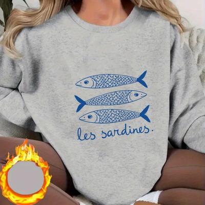 TEMU Women's Casual Long Sleeve Crewneck Sweatshirt With Blue Sardine Fish Print - Relaxed -season Machine Washable Top For Casual Attire, Leisure Clothing, Design, Smooth Texture Image