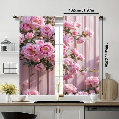 TEMU 2pcs Floral Print Doorway Curtains - Elegant Pink , Lightweight Polyester, For Living Room, Bedroom, Office, Kitchen & More (pole Not Included) Image