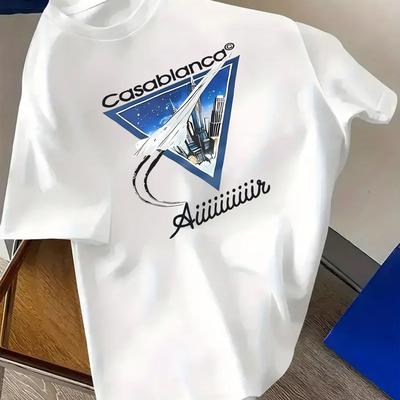 TEMU Men's Casual Short Sleeve T-shirt - Airplane & Graphic Print, Regular Fit Round Neck, , Machine Washable, Airplane T Shirt, Trendy Graphic Tee, Soft Texture Shirt Image
