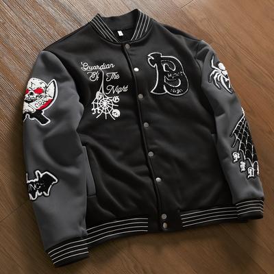 TEMU Men's Trendy Embroidered Letter Baseball Jacket - Black & Gray With Rotator Sleeves, Autumn/, Polyester, Button-up Front, Machine Washable Image