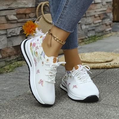 TEMU Women's Plus Size Knit Sneakers - Breathable Mesh, Floral Print, Slip-on With Lace-up Detail, Low Top, Tpr Sole, All- Shoes, Comfortable Walking Shoes|floral Print Sneakers|breathable Fabric Image