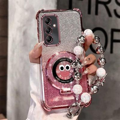 TEMU Pearl Wrist Strap Glitter Magnetic Thick Lips Phone Holder Case For Galaxy A35 5g Galaxya35 5g Anti-knock Shock Proof Stand Back Cover Image