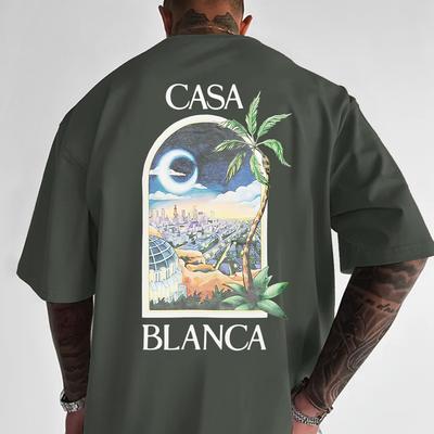 TEMU Men's T-shirt - Casual Crew Neck, Short Sleeve, Loose Fit, Comfortable & Stylish With Cartoon Cityscape Graphic, Casual Attire, Casual Summer Wear | Cartoon Graphic Tee | Comfortable Clothing Image