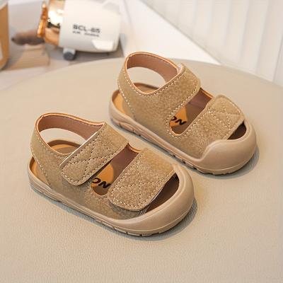 TEMU 1 Pair Unisex Baby Summer Sandals - Lightweight Pu Solid Color Textured Casual Shoes With Hook-and-loop Strap, Round Toe Design For Boys And Girls, Beige And Brown, Casual Attir Image
