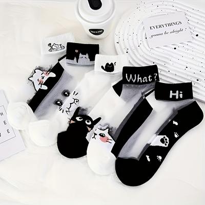 TEMU 5 Pairs Of Cartoon Cat Print Socks - Black & White, Breathable, Fashionable, Casual, Mesh Cutout, Knit Fabric, Hand Washable, Casual Wear| |breathable Fabric Image