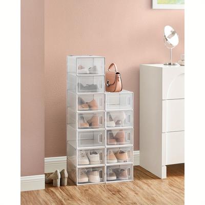 TEMU Shoe Boxes, Pack Of 12 Stackable Shoe Storage Organisers, Foldable And Versatile For Sneakers, To Uk Size 11, Transparent And White Image