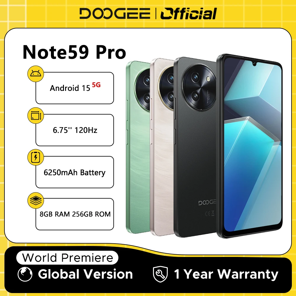 Global Version DOOGEE Note59 Pro 5G Smartphone Android 15 Mobile Phone 8GB RAM 256GB ROM 6.75
