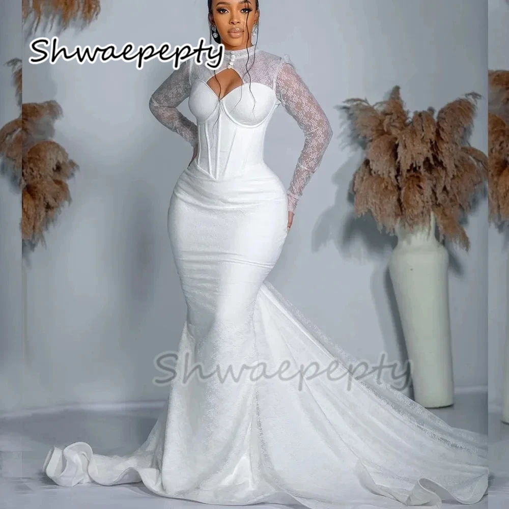 2025 African Aso Ebi Mermaid Wedding Dress V-Neck Off Shoulder Satin Lace Long Sleeves White Elegant Bridal Gowns Customized