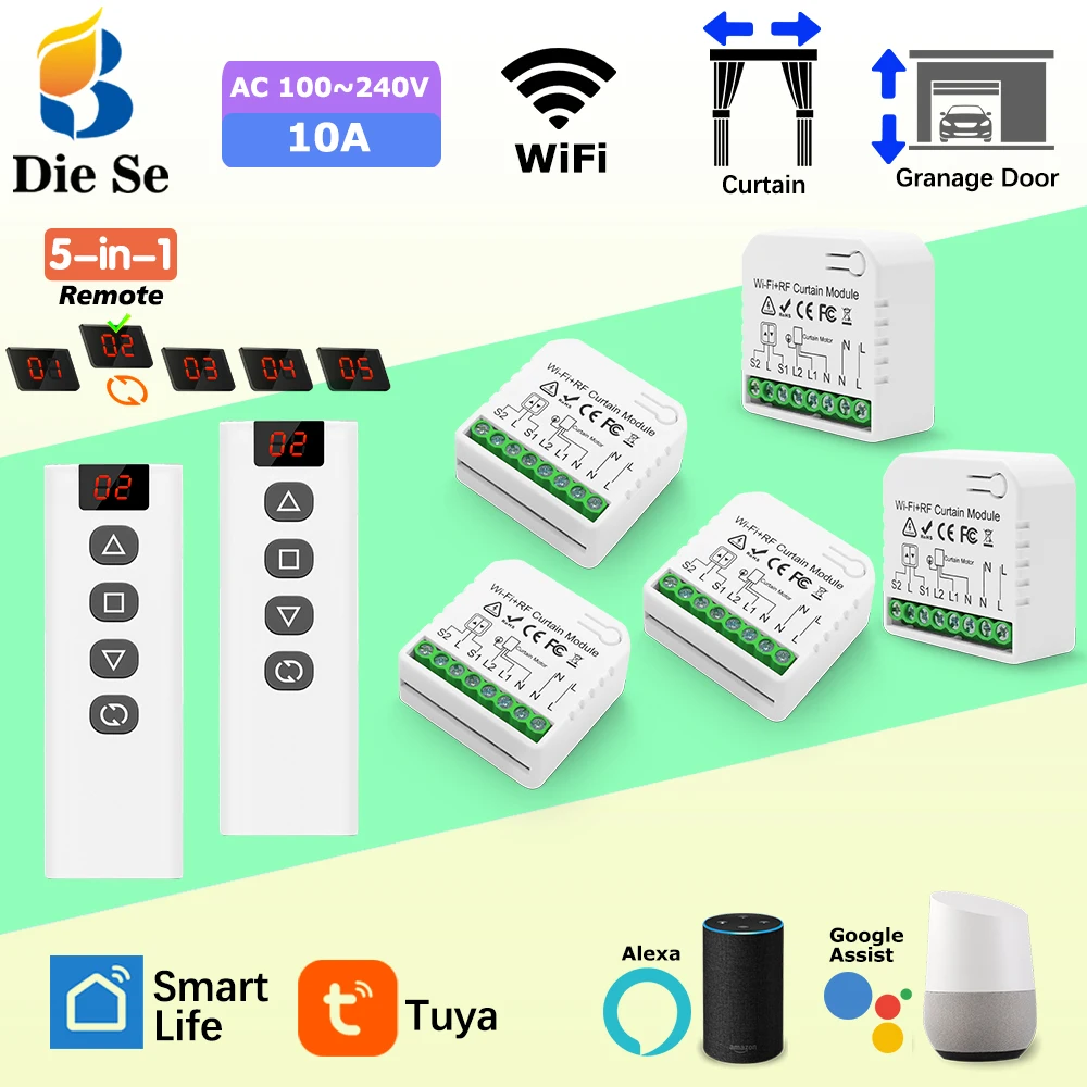 WiFi-RF-Rollverschlussschalter und 433 MHz 5-in-1-Funkfernbedienung für Jalousien, Wechselstrommotor funktioniert mit Tuya, Google Assist, Alexa Image