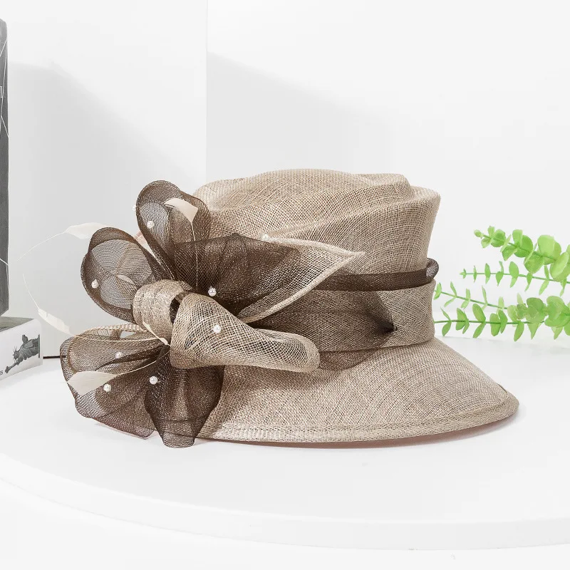 Eleganter Hof-Leinen-Sinamay-Hochzeitshut für Frauen und Damen, Kirchenhut, elegante Blume, breite Krempe, Fedoras, Kentucky Derby, Partyhut