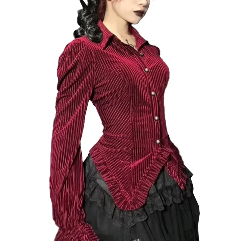 2023 neue Vintage Rot Cord Langarm Shirts Blusen Y2K Taste Dünnes Hemd Tops Frauen Casual Herbst Kleidung Streetwear Party