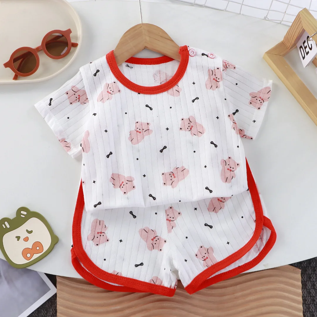 Baby Mädchen Sommer Kleidung Nette Bär Drucken Outfit Baumwolle Kurzarm T-shirt Tops Shorts Casual 2 stücke Set Mädchen Kinder Anzug 0-4Y Image