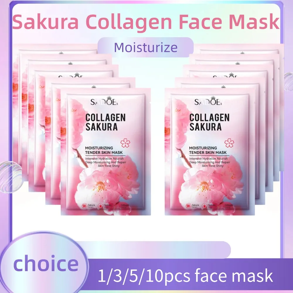 Sakura Kollagen-Gesichtsmaske, feuchtigkeitsspendend, straffend, Anti-Falten, verblasst feine Linien, Gesichtsmaske, Schönheit, Hautpflege, 1/3/5/10 Stück Image