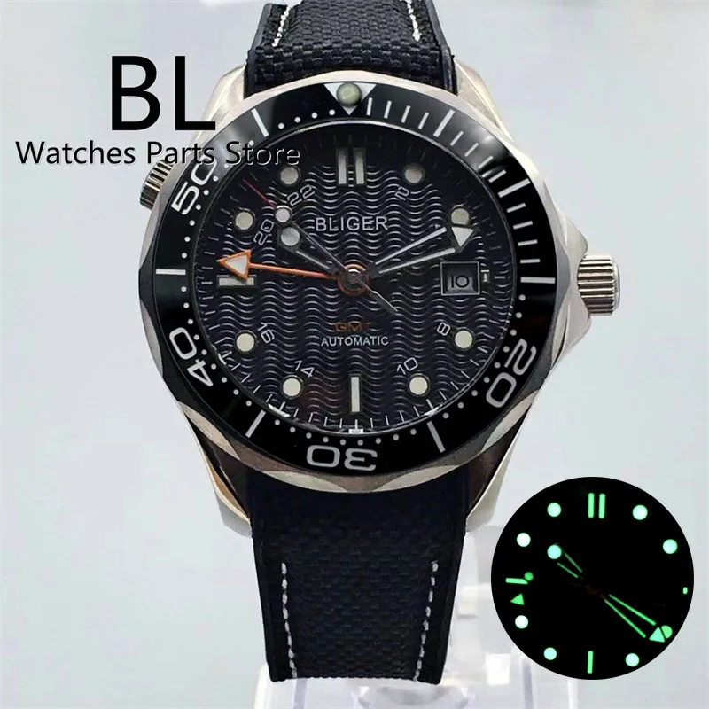 Bliger 41mm nh34 gmt schwarz mechanische männer uhr schraube krone saphirglas gummiband rotaitng lünette keramik einsatz leuchtend Image